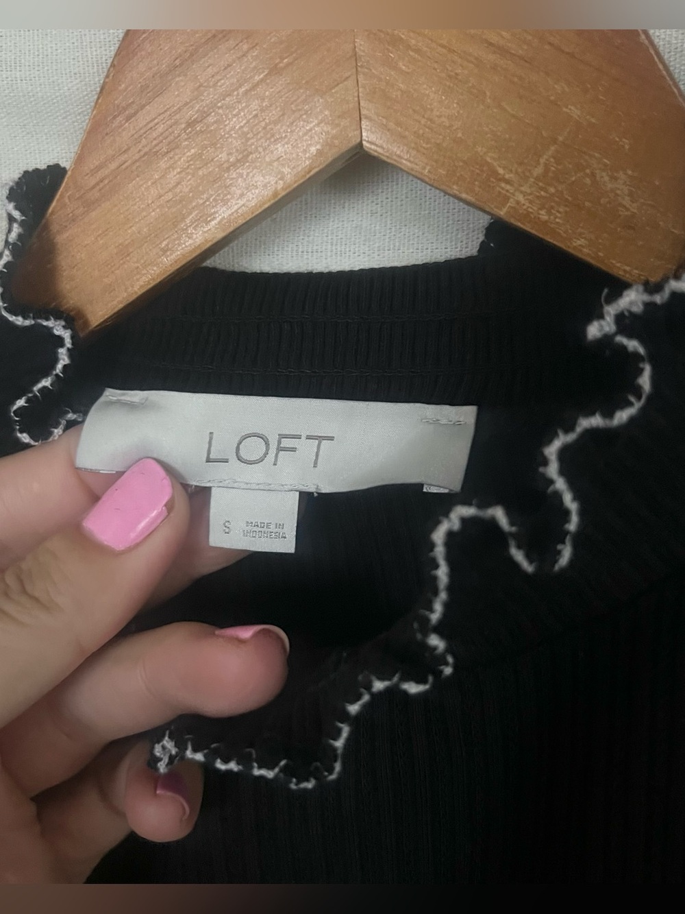 LOFT Black Pointelle Ruffle Ribbed Top - Picture 6 of 7